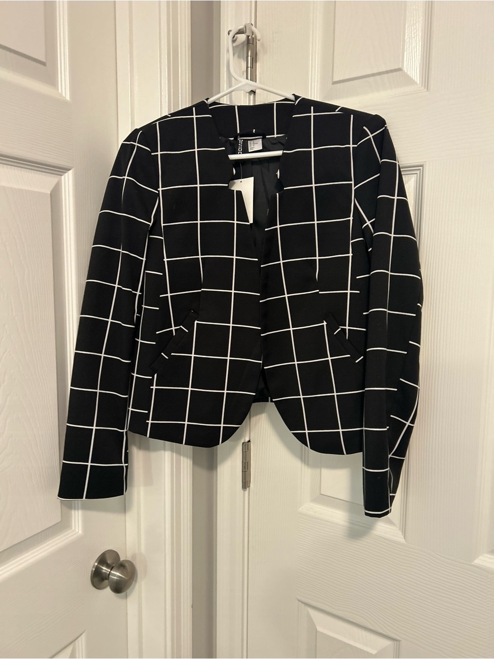 H&M Black and White Windowpane Open-Front Blazer